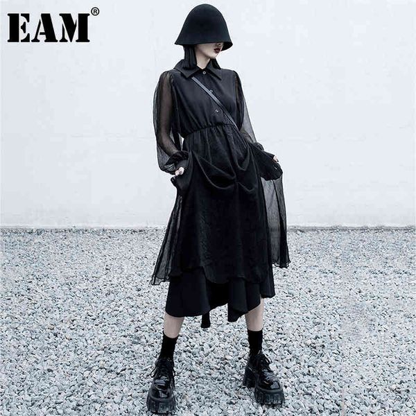 

[eam] women black ruffles mesh chiffon elegant dress lapel long sleeve loose fit fashion spring autumn 1dd7561 210512, Black;gray