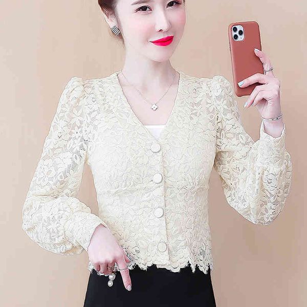 

feminina solid color lace flocked shirt spring v-neck lantern long sleeve cardigan female vintage 201i 210420, White