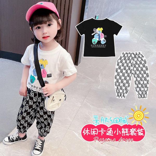 

baby bear printing summer suit of the girls clothing sets, White