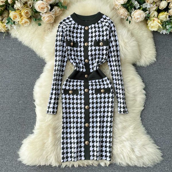 

casual dresses retro houndstooth knitted bag hip skirt ladies fashion long-sleeved slim short dress ydua, Black;gray