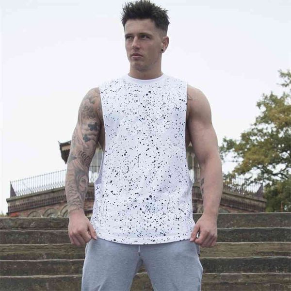 

new splatter dot tank men gyms clothing bodybuilding stringer singlets muscle vest cotton fitness dropped armhoes undershirt 210421, White;black