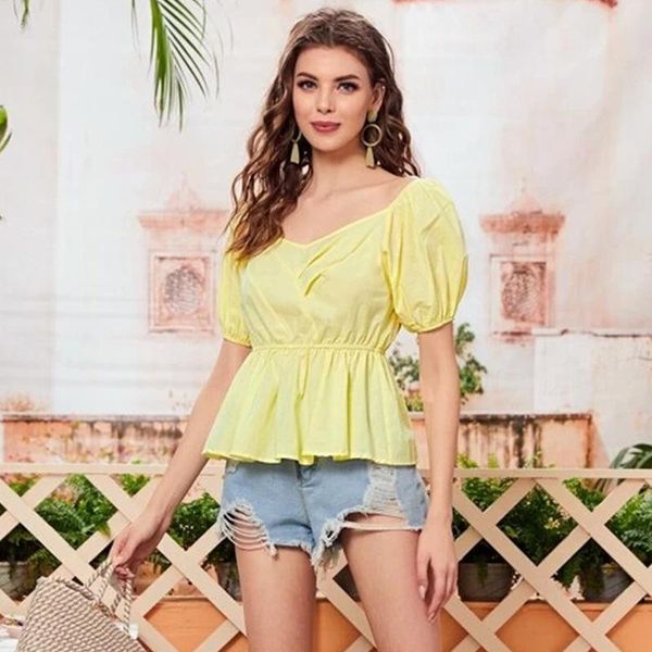 

women's t-shirt fashion women summer blusas puff sleeve blouse v collar solid color crop casual short shirt, White
