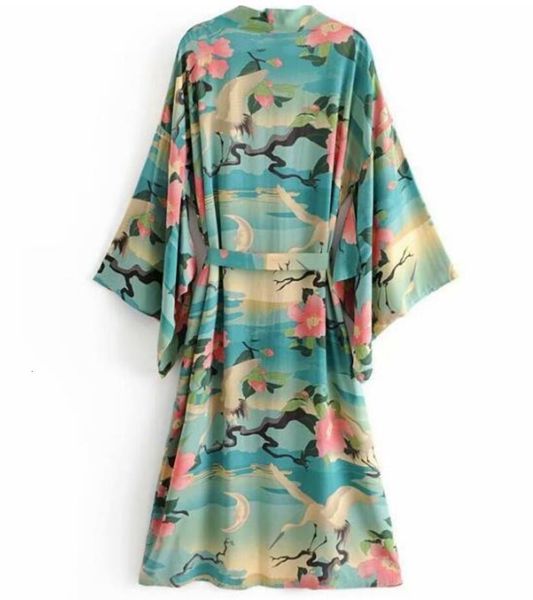 

a line bohemian v neck crane lotus flower print kimono shirt ethnic new lacing up with sashes long cardigan loose blouse, White