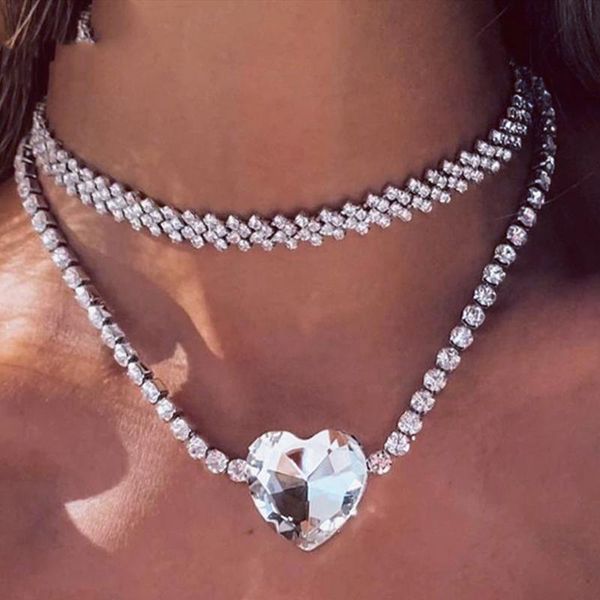 

magic rhinestone big heart love pendant tennis chain necklace jewelry for girl ins bling crystal collar choker necklac necklaces, Silver