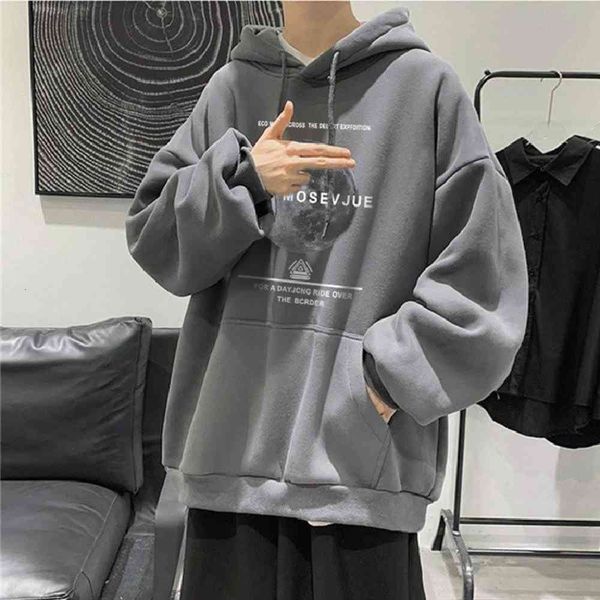 

and winter plush thickened moon printed men's hooded sweater coat, Black