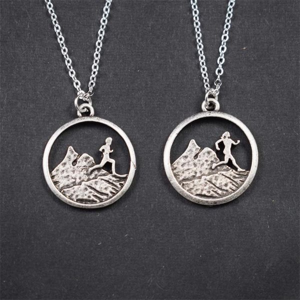 

pendant necklaces boy & girl climbing running in zhe mountain necklace outdoor travel jewelry, Silver