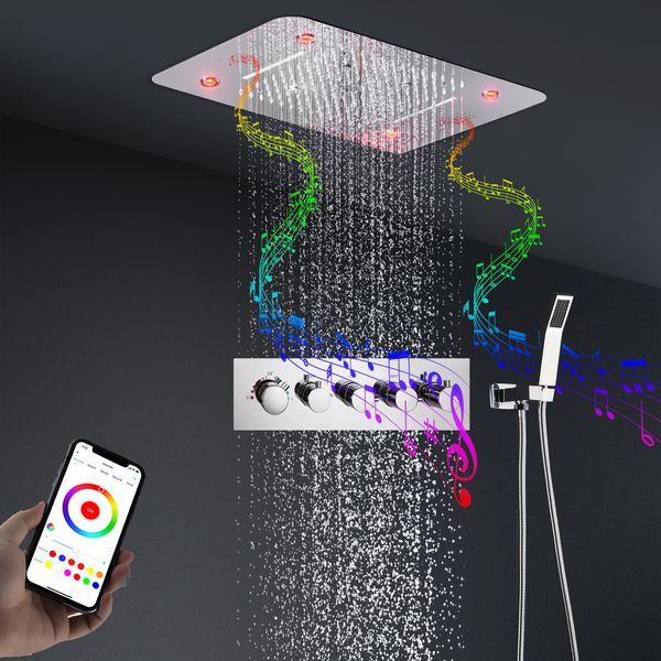 Música do banheiro LED Sistema de chuveiro 580 * 380mm Massagem névoa névoa de névoa chuveiro chuveiro chuveiro chuveiro termostático Torneiras de parede Monteiro escondido