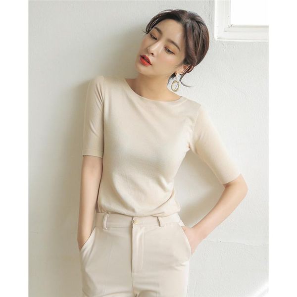 

women's sweaters the 2021 summer middle-sleeved knitting sweater thin section is short-sleeved t-shirt one word collar top, White;black