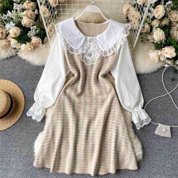 

women japan style retro autumn dresses peter pan collar lace side lantern sleeve plaid patchwork temperament vestidos gk492 210507, Black;gray