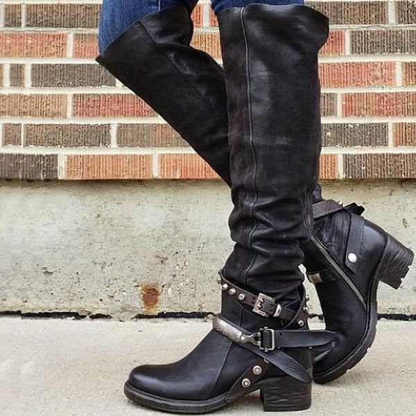 

boots women's over-the-knee round toe heels buckle boot female riding bota western style cowboy shoes rivert bootie plus size 43, Black