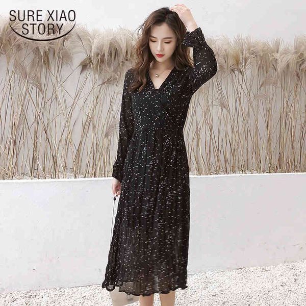 

women dress hong kong style v-neck vintage dot print pleated midi long sleeve fashion womens clothing dresses 8558 50 210417, Black;gray