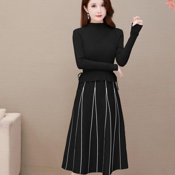 

fashion turtleneck fake two-piece dress fall winter patchwork knit elegant midi drawstring sweater dresses bodycon vestidos casual, Black;gray
