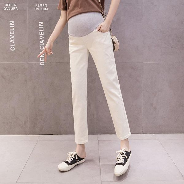 

maternity bottoms clothing 2021 autumn winter wear korean style nine-point straight-leg pants pregnant belly lift trousers, White