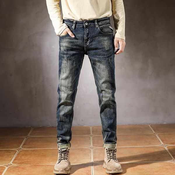 

men's jeans punk style men slim straight blue stretch autumn and winter vintage denim pants streetwear brand homme