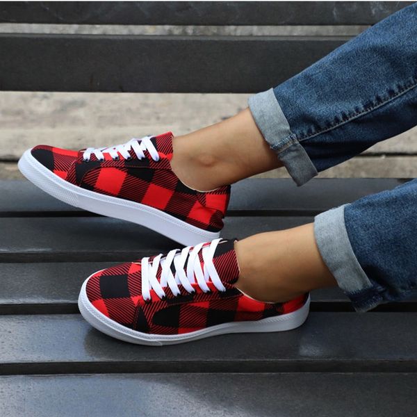 

2021 womens gingham canvas shoes woman classic vulcanized female leisure lace-up shoes ladies casual platform flat plus size