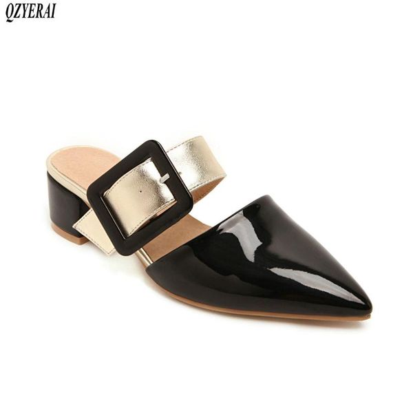 

slippers arrival in spring summer women's pointed toe metal buckle shoes large size 34-48, Black