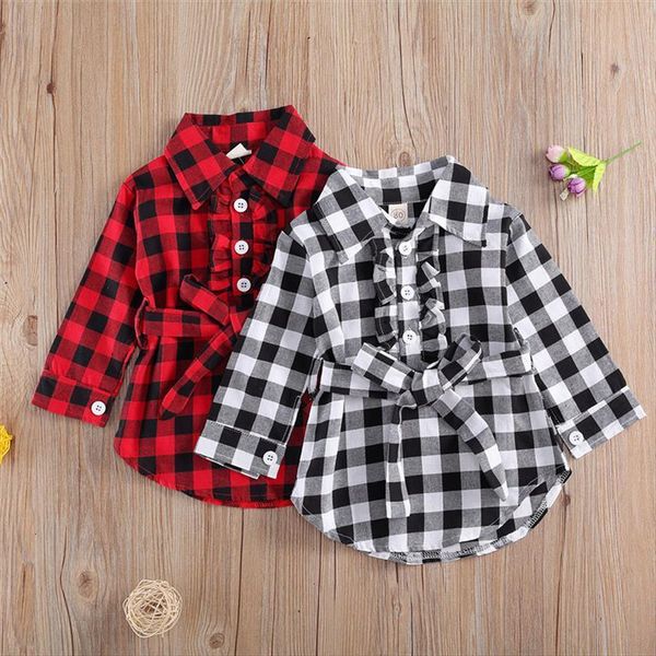 

baby girl fashion plaid dress shirt with sashes 1 5y children spring autumn casual cotton long sleeve straight short, Red;yellow