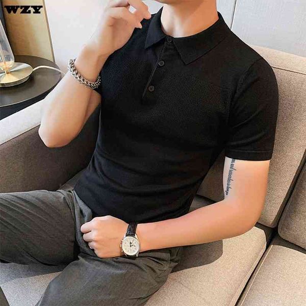 

2021 dark stripe solid polo shirt short sleeve t-shirt men's korean slim fit fashion british solid lapel knitted t-shirt, White;black