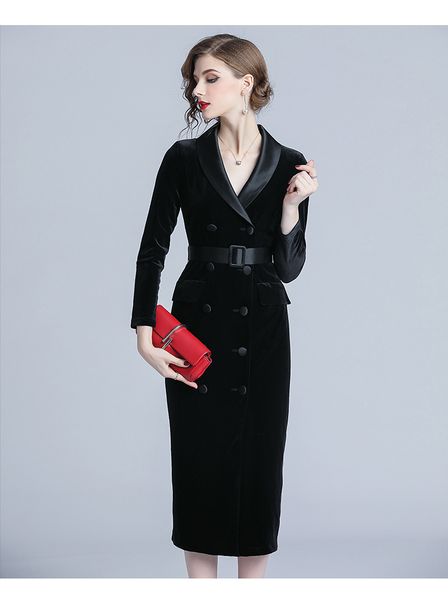 

women outerwear autumn winter long sleeve black red notched double-breasted veet sashes office lady slim fit bodycon split midi, Tan;black