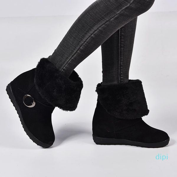 

wholesale-snow boot long warm plush inside flock winter shoes plaftform lapel flanging, Black