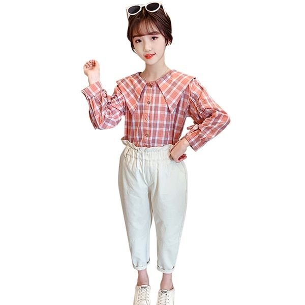 

kids clothes plaid blouse + pants girls outfits spring autumn sets casual style children's costume 6 8 10 12 14 210528, White