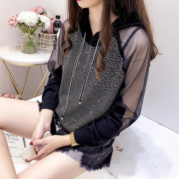 

women's hoodies & sweatshirts autumn long sleeve knitting sweatshirt women streetwear splice mesh diamond hooded shirt fashion white bl, Black
