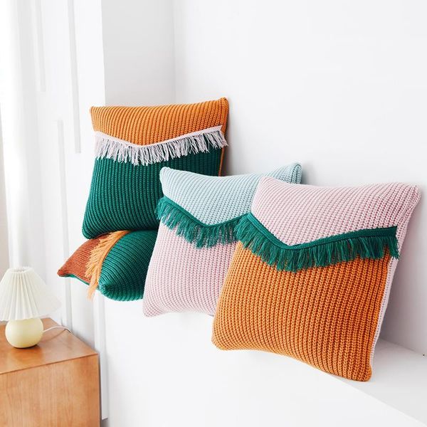 

pillow case knitted contrast color series tassel cover soft sofa throw bedside home decor cushion