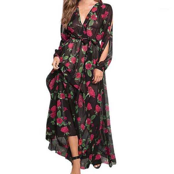 

casual dresses women chiffon printed belt elasticated lace long sleeve v-neck dress girl shirts 2021 vintage vestido mujer, Black;gray