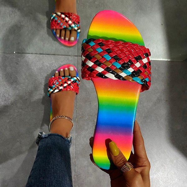 

summer outer size plus flat woven colorful slippers female rainbow sandals in stock, Black