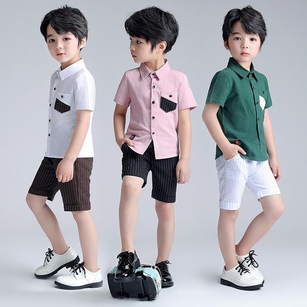 

boys summer t shirt +shorts 2pcs clothing set kindergarten graduation cool suit children chorus costume kid birthday party dress sets, White