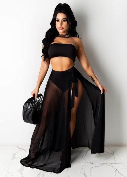 

women maxi beach skirts solid color see through high waist lace up skirt a-line bikini cover-ups chiffon long women's swimwear, White;black