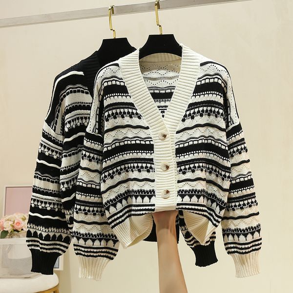 

women sweater coat new autumn korean style casual long sleeve v-neck single-breasted loose knitted cardigans, White;black