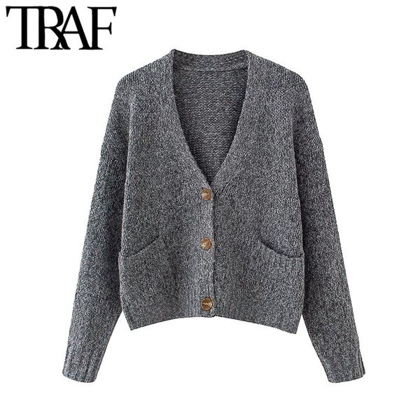 

traf women fashion with pockets loose knitted cardigan sweater vintage long sleeve button-up female outerwear chic 210415, White;black