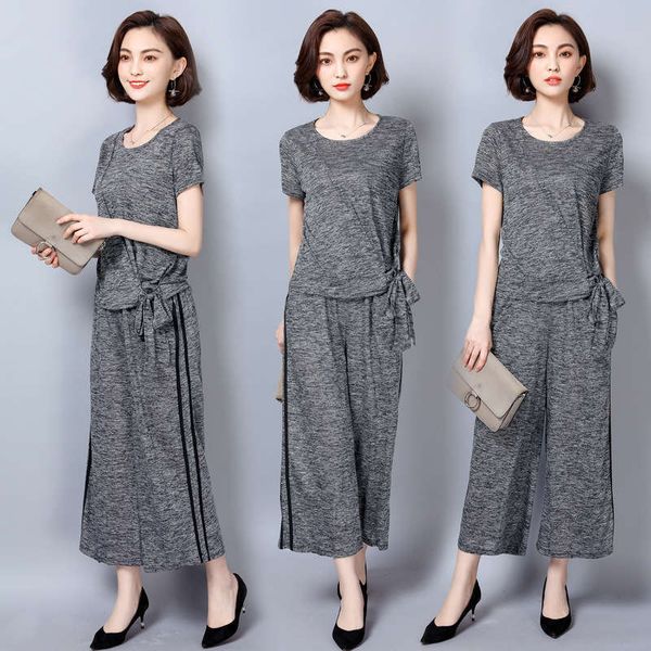 

women's tracksuits large summer two piece knitted cotton wide leg pants set leisure sports suit, Gray