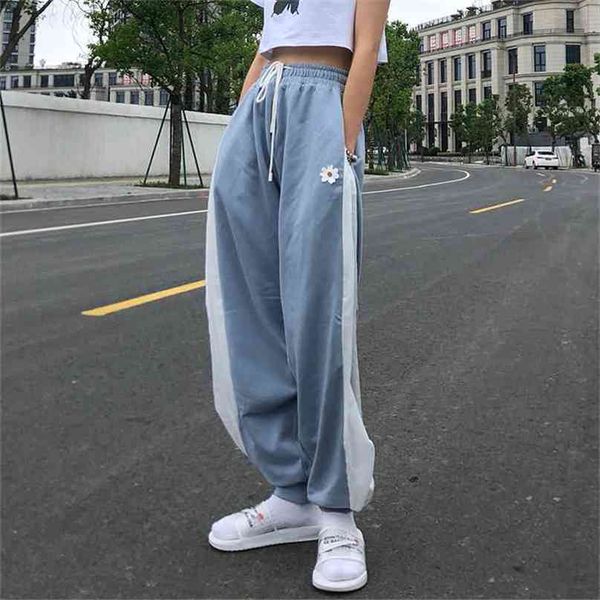 

white blue contrast loose jogging pants women high waist drawstring trousers casual female korean streetwear 210915, Black;white
