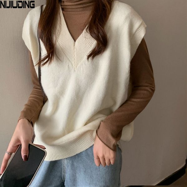 Mulheres Sólidas Turtleneck Bottoming Tops com Solto V-Neck Truque Lã Sweater Vest Sets Atumn Spring Tricô Coletes Feminino 210514