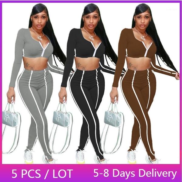 

women's two piece pants wholesale items striped tracksuit women fitness casual matching sets fall clothes sportswear crop and leggings, White