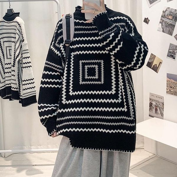 

men's sweaters striped half turtleneck sweater spring and autumn oversized loose knit fried street casual, White;black