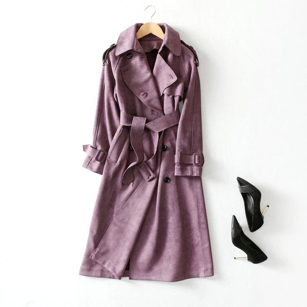 

women's trench coats suede coat for women 2021 brand autumn winter slim double breasted long overcoat ladies windbreaker elegant outwea, Tan;black