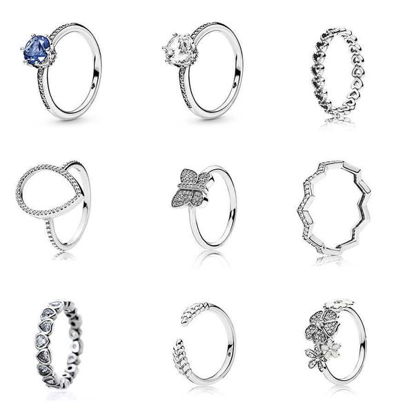 

women 925 sterling silver rings blue clear crystal butterfly flower ring for wedding party jewelry, Slivery;golden