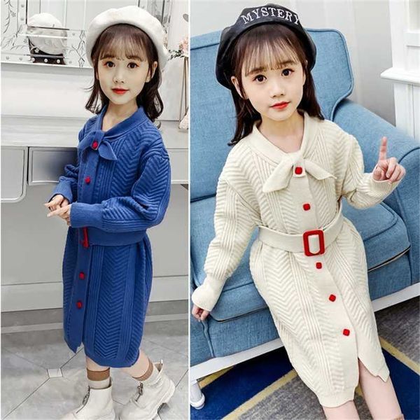 

girls sweater dress autumn winter cardigan long sweater button belt kids clothes fashion casual dress child 8 10 12 years 211106, Blue
