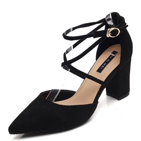 

dress shoes women pumps flock buckle strap 4cm 7cm thick heel high heels pointed toe shallow for 2021 size 35-42, Black