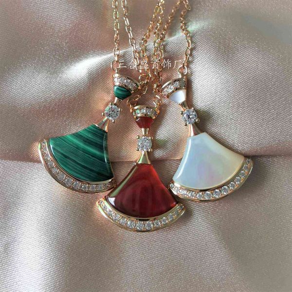 

s925 yinbao family fan-shaped pendant small skirt white fritillaria red chalcedony peacock green qixi necklace, Silver