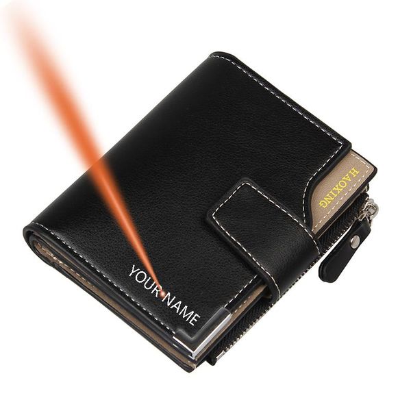 

dasusto pu leather customized name wallet for men vintage short three fold card holder with zipper coin pocket engraving purse wallets, Red;black