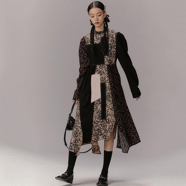 

casual dresses lanmrem 2021 autumn and winter arrival round-neck jacquard patchwork knee-length asymmetric dress for women fashion 2a2820, Black;gray