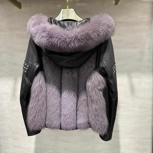 

women's fur & faux natural leather sheepskin coats ladies jackets women coat with real and hooded fashion genuine outwear, Black