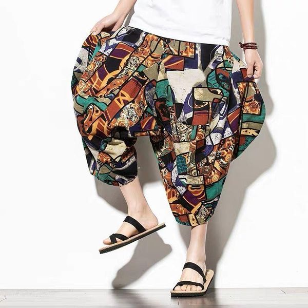 

men pant large size chinese style linen shorts male hip-hop casual pants bloomers loose cropped wide-leg harem beach tide running, Black;blue