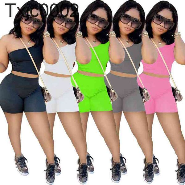 Frauen Trainingsanzüge Zwei Stücke Set Designer Sommer Schlank Sexy Slant Shoulder Anzüge Ärmellose Shorts Outfits 5 Farben