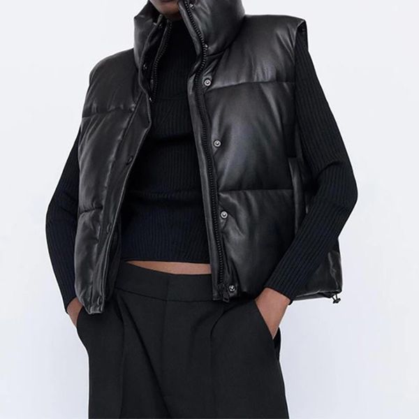

women's vests autumn winter women black warm faux leather vest coat casual zipper sleeveless jacket female short cotton outwear ladies, Black;white