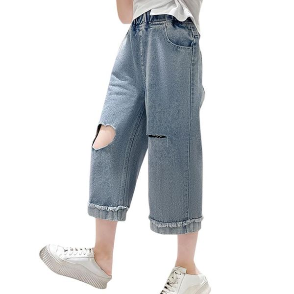 

jeans girl big hole kids for girls cuffs children's summer clothes 6 8 10 12 14, Blue